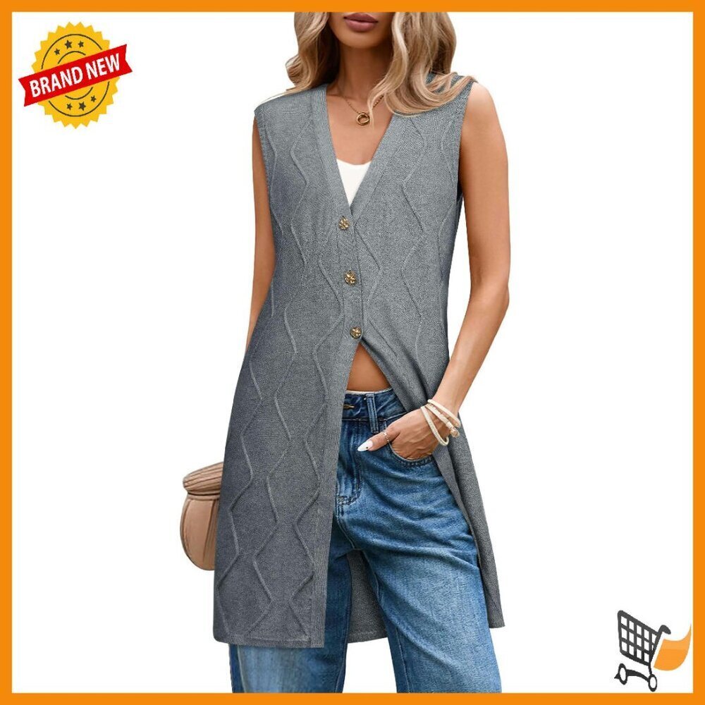Sleeveless Cable Knit Cardigan Long Vest Tunic Button Up